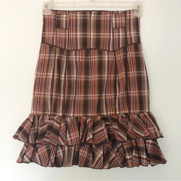 Brown Plaid Western Skirt Size 4 Cowgirl Ruffle hem lined skirt - Picture 2 of 12